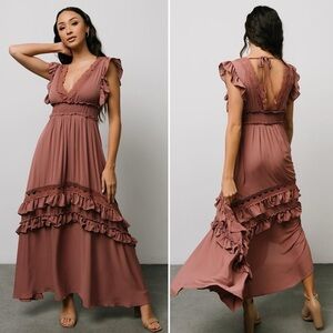 Baltic Born Orange and Brown Ruffled Tie Front Maxi Dress